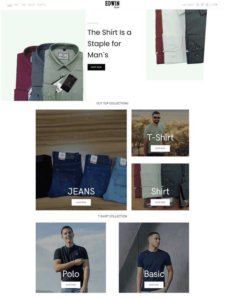 Homepage design of EdwinLifestyle ecommerce website built by DivDeveloper showcasing elegant fashion layout.