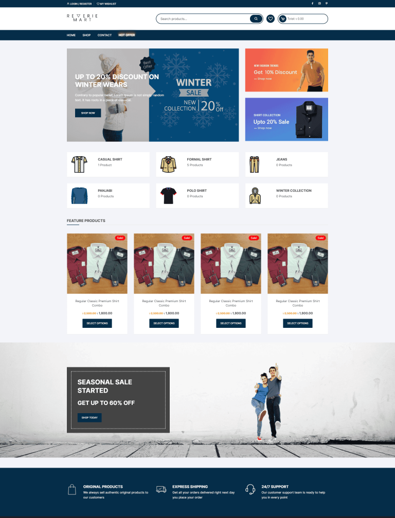 Homepage of ReverieMart ecommerce website designed by DivDeveloper, showcasing modern UI and product layout.