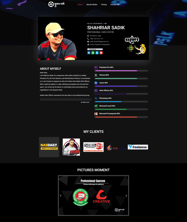 Homepage layout of video editor portfolio website designed by DivDeveloper showcasing modern creative design.