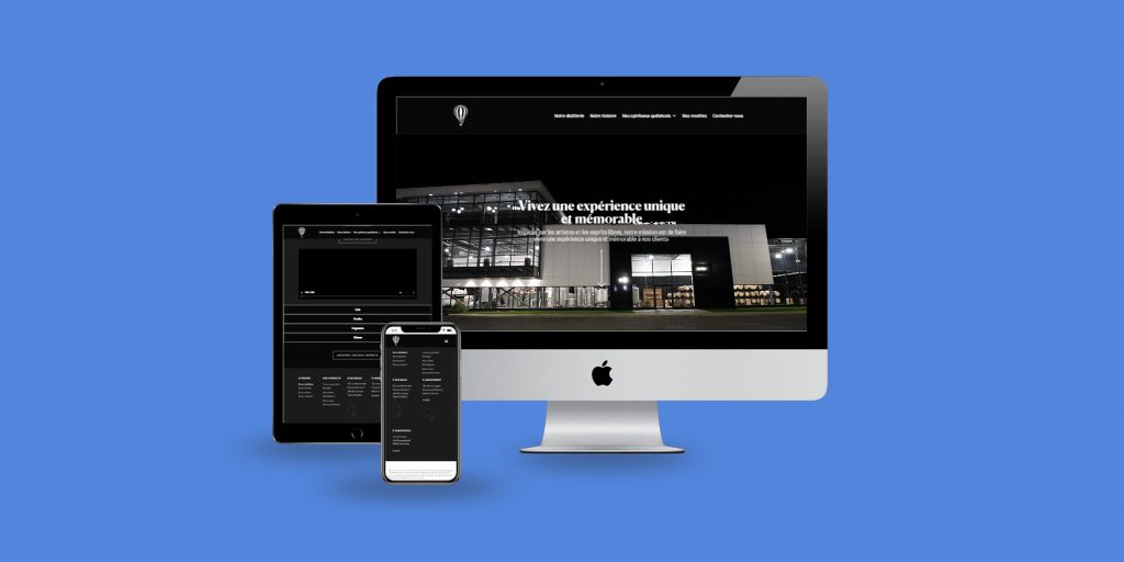 Product page of Air Distillerie website featuring French alcohol bottles and elegant UI design.