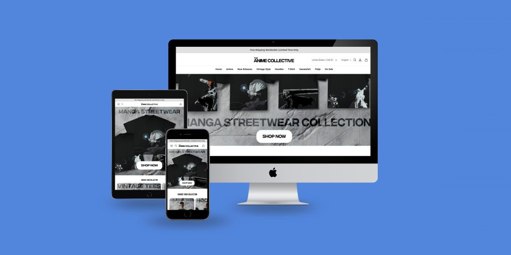 Product page of The Anime Collective online store showing anime merchandise and responsive design.